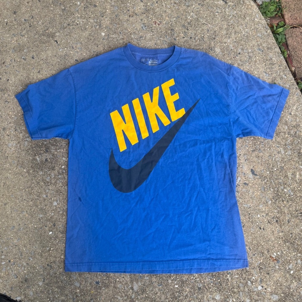 Nike Graphic Tee Blue Yellow Swoosh Logo Short Sleeve Cotton T-Shirt Mens XL